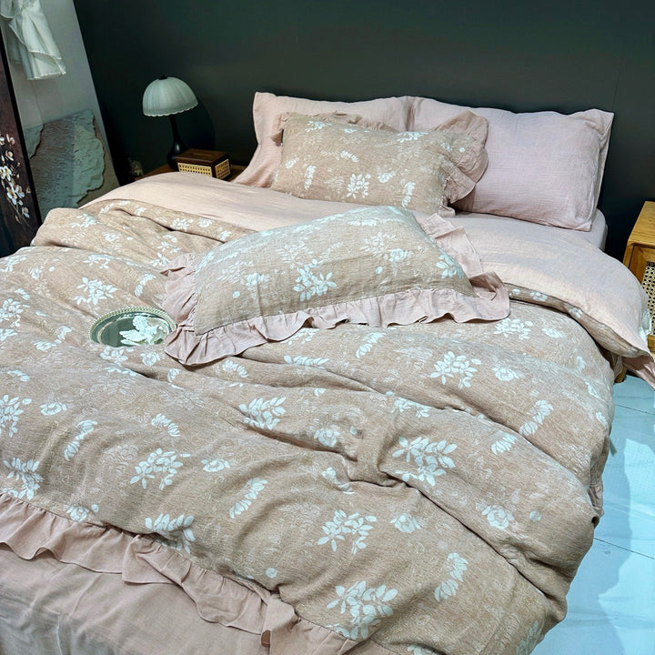 Floral Ruffled Linen-Blend Duvet Cover Set with Ruffle-Trim Shams