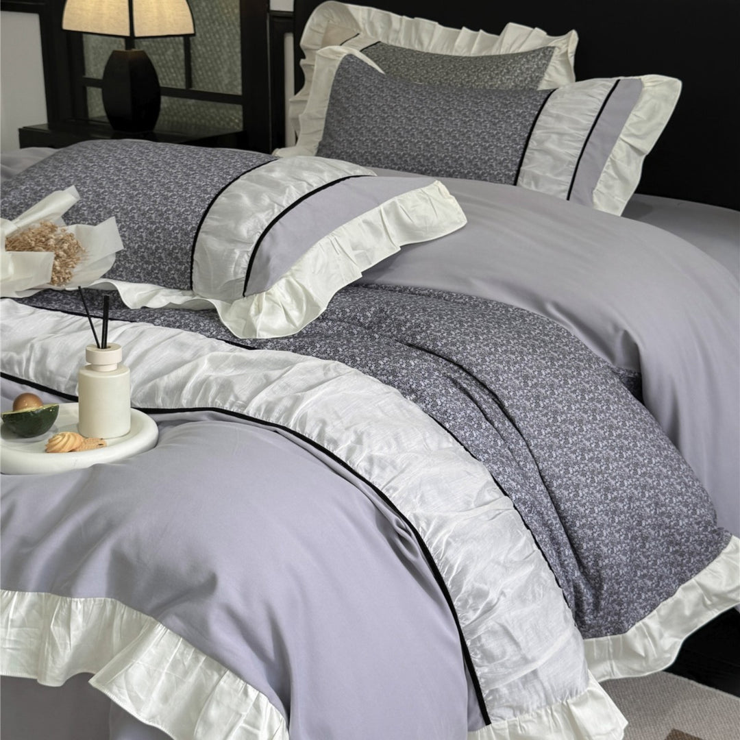 Ruffled-Edge Brushed Microfiber Duvet Cover Set with Center Floral Panel and Pillow Shams