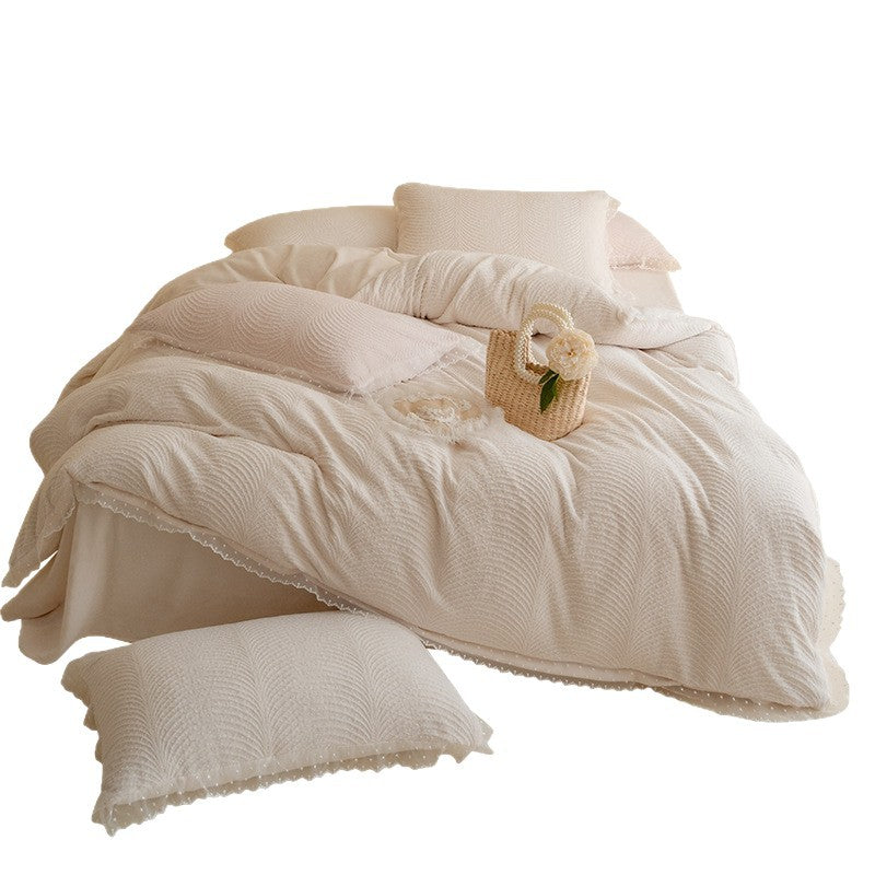 Quilted Wave-Texture Comforter Set with Sheer Dotted Ruffle Pillow Shams