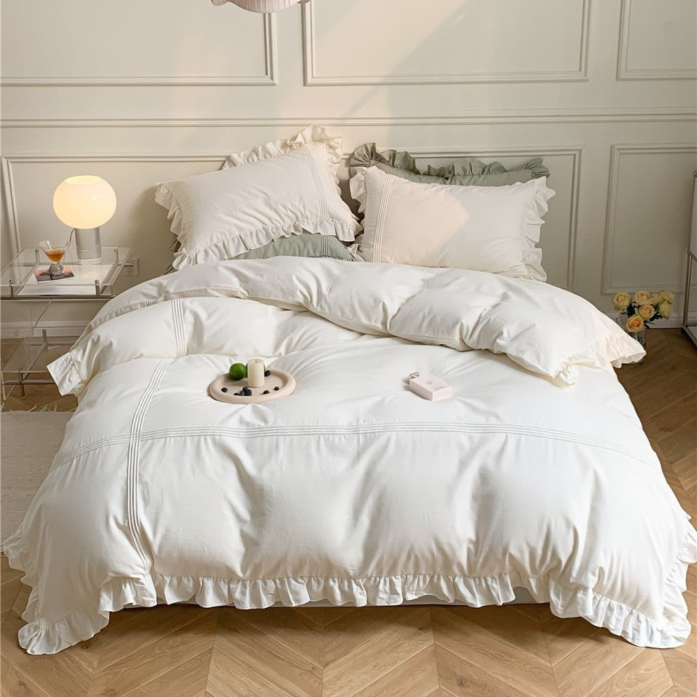 Ruffled Luxury Cotton Duvet Cover Set with Pintuck & Frilled Edges