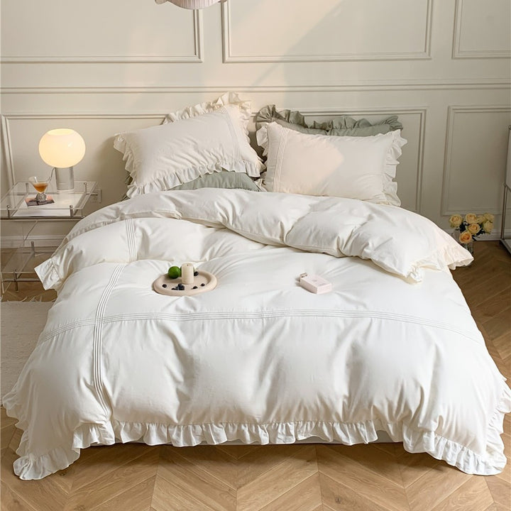 Ruffled Luxury Cotton Duvet Cover Set with Pintuck & Frilled Edges