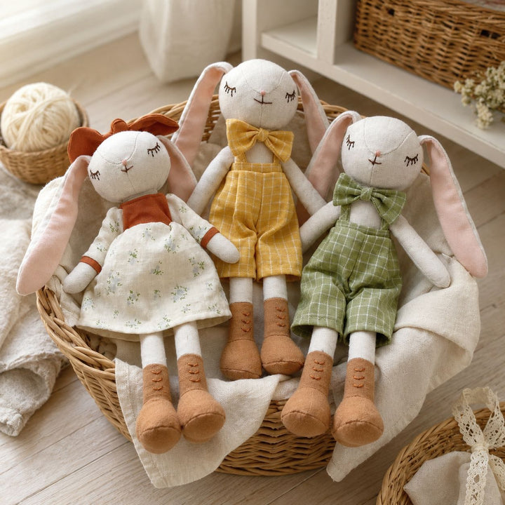 Heirloom-Style Floppy-Ear Bunny Doll with Layered Linen Dress