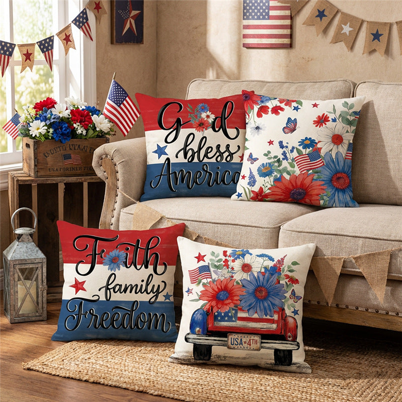 Patriotic Decorative Throw Pillow Cover with Script Typography and Floral Accent
