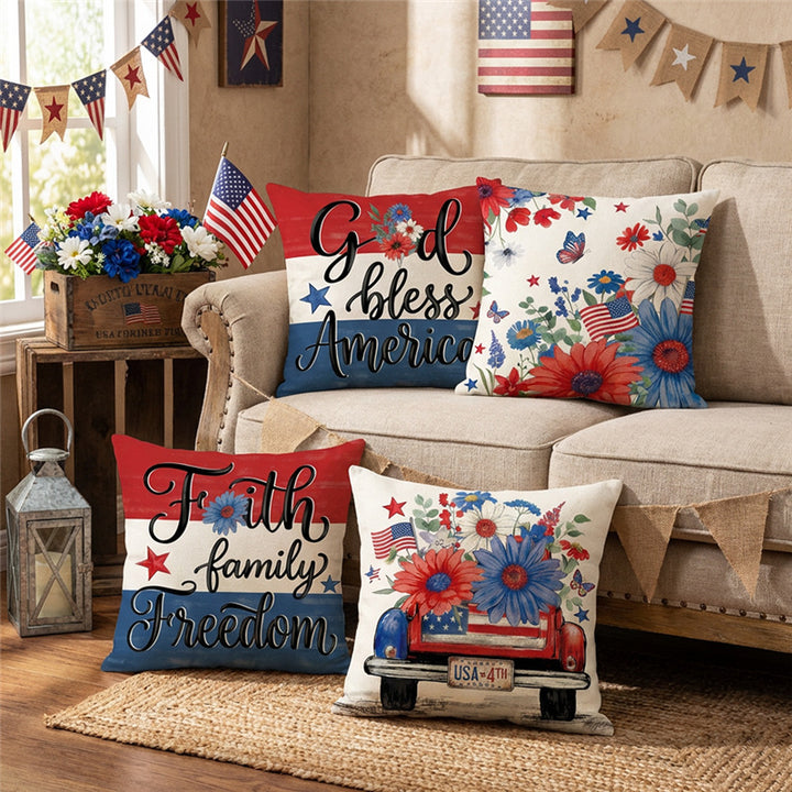 Patriotic Decorative Throw Pillow Cover with Script Typography and Floral Accent