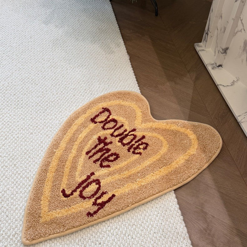 Heart-Shaped Plush Accent Floor Rug with Embroidered Slogan