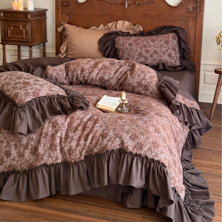 Floral Jacquard Ruffled Duvet Cover Set with Tailored Ruffle Hem