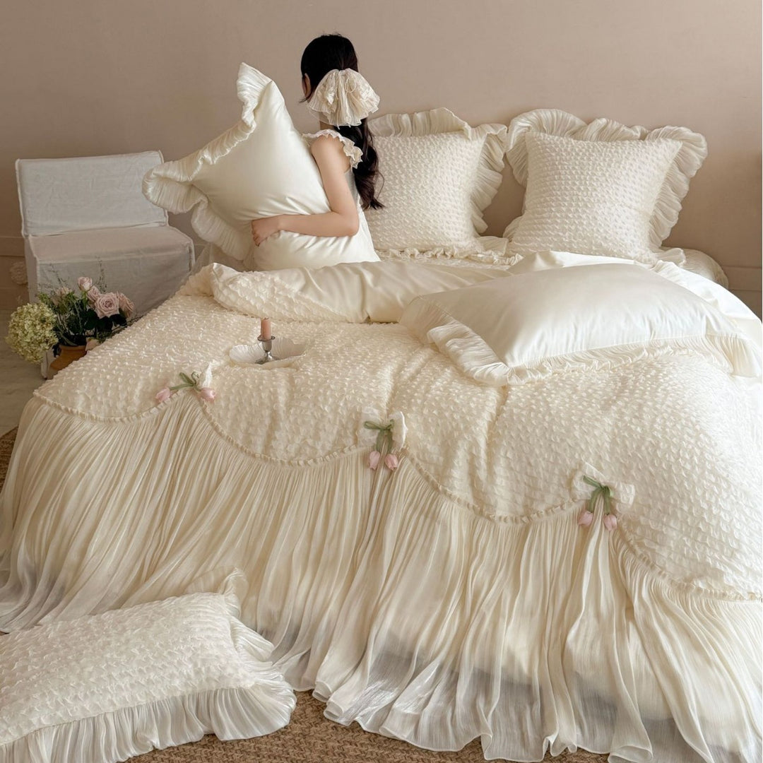 Luxurious duvet cover set with pleated bed skirt, ruffles and delicate frill decoration