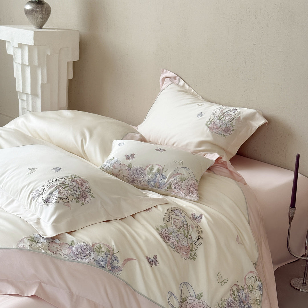 Luxurious satin bedding set with floral embroidery