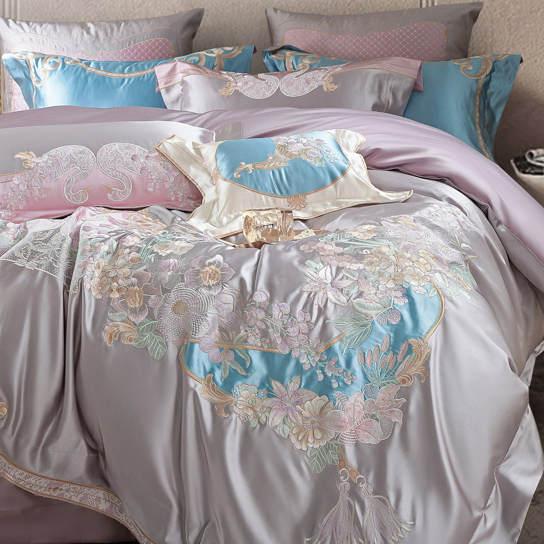 Embroidered Luxury Satin-Feel Duvet Cover Set with Hidden Zipper & Oxford Shams