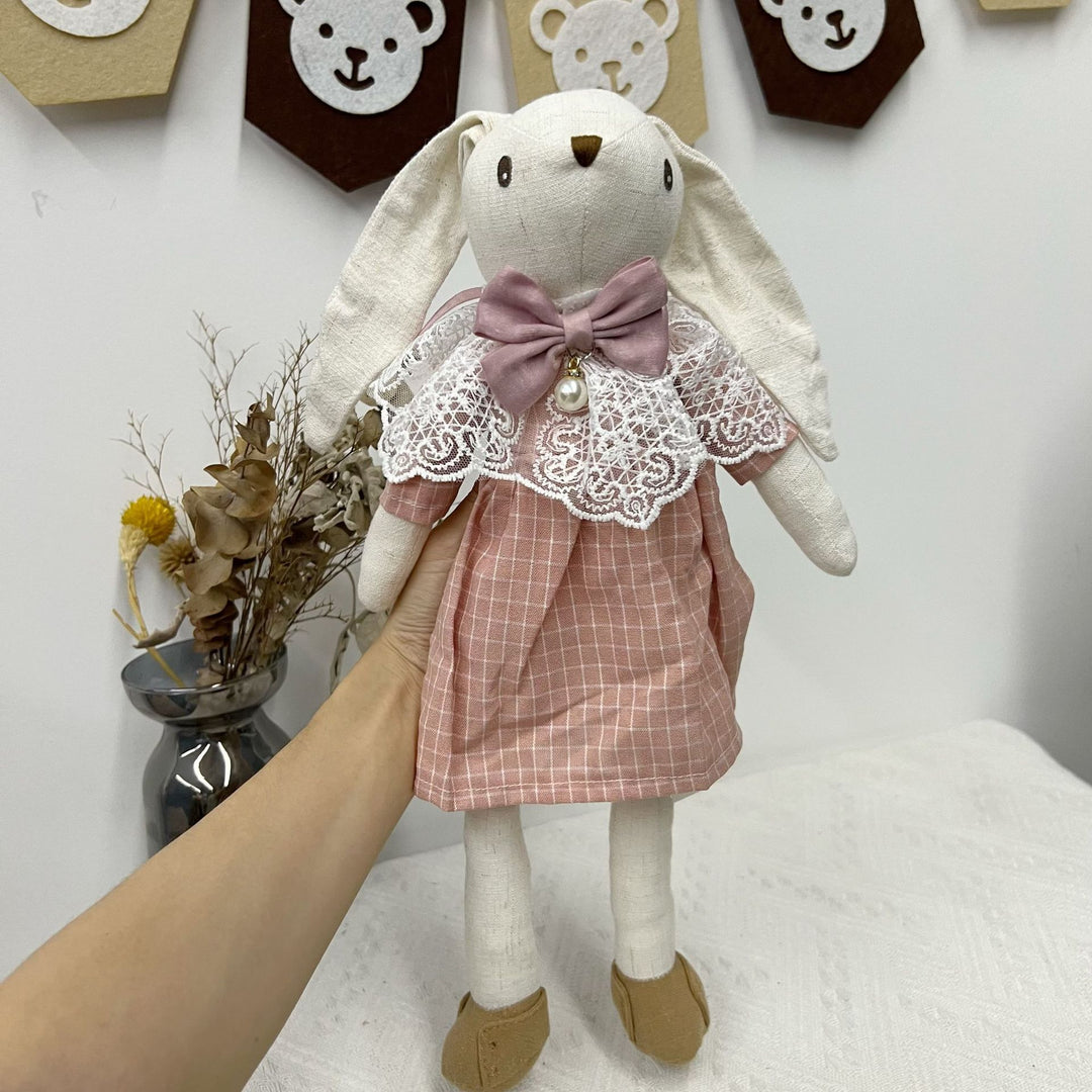 Handcrafted Linen Bunny Doll with Lace Collar and Pearl Bow Charm