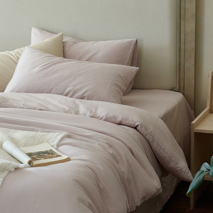 Light bed linen set made of washed linen-cotton blend with a natural texture