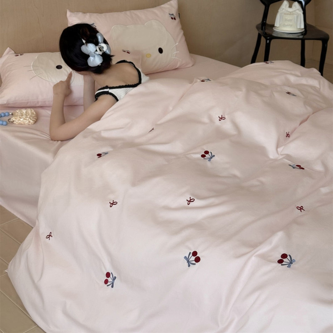 Embroidered Cherry Duvet Cover Set with Appliqué Face Pillow Shams