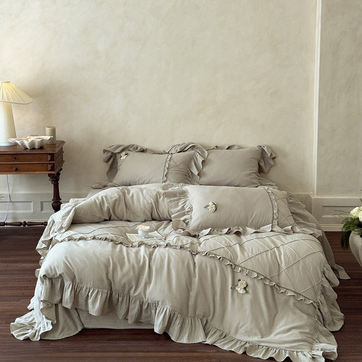 Ruffled Cotton-Linen Duvet Cover Set with Embroidered Rose Appliqué & Pillow Shams