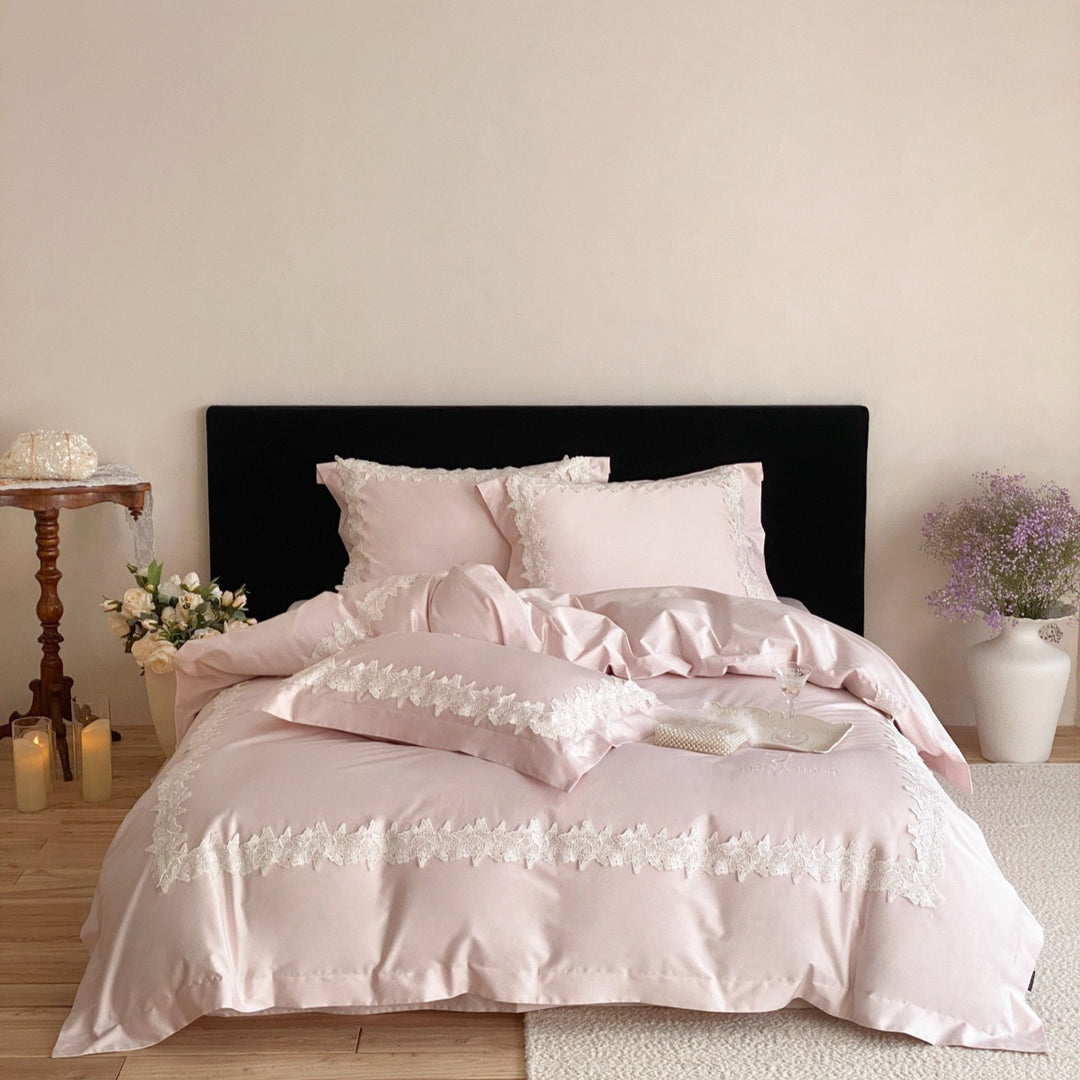 Satin Lace-Trim Duvet Cover Set with Eyelash Fringed Pillow Shams