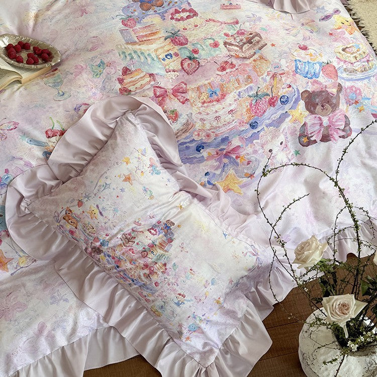 Romantic bedding set with ruffle pillow, cotton satin and watercolor cake & animal motif