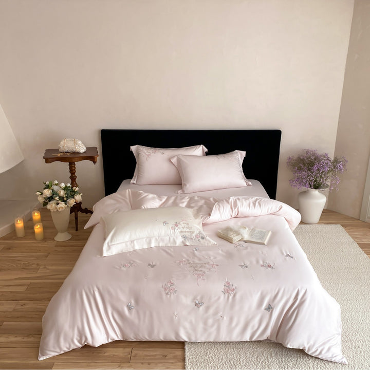 Silk-Feel Satin Embroidered Butterfly and Floral Duvet Cover Set with Pillowcases