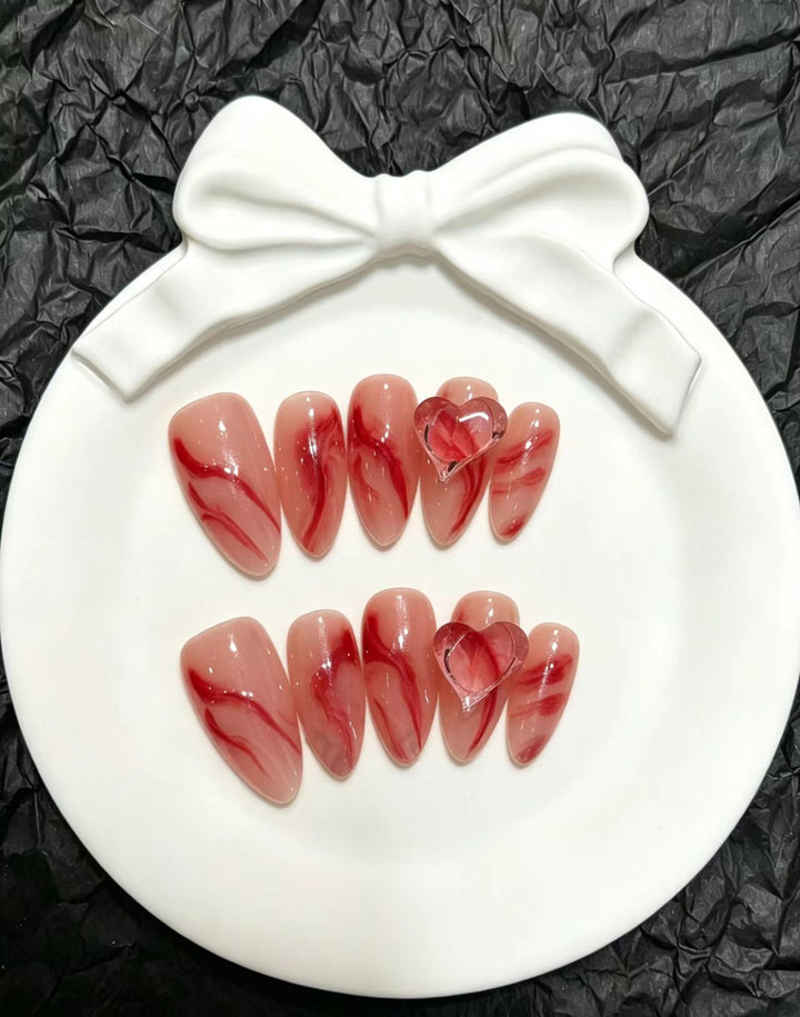 Artistic Marble Press-On Nail Set with Heart Accents