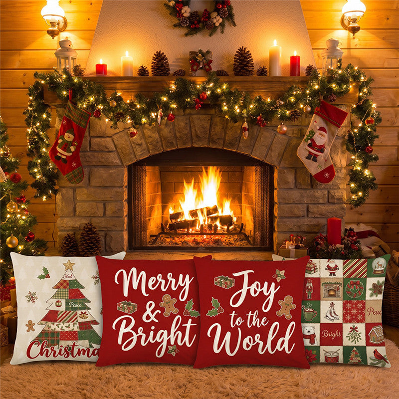 Festive Merry & Bright Holiday Decorative Throw Pillow Cover with Seasonal Icon Print