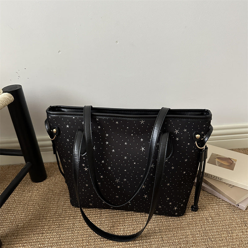 Star-Accented Faux Leather Tote Bag
