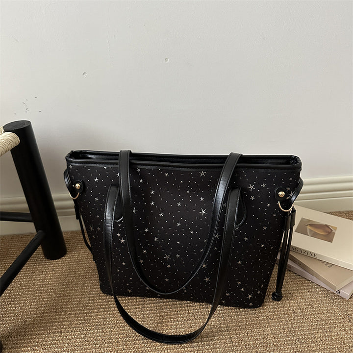 Star-Accented Faux Leather Tote Bag