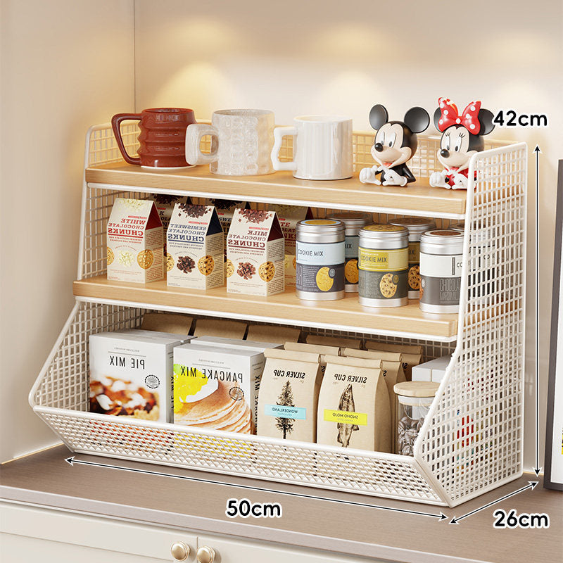 Compact Mesh Countertop Pantry Organizer with Two Wooden Shelves and Deep Front Basket