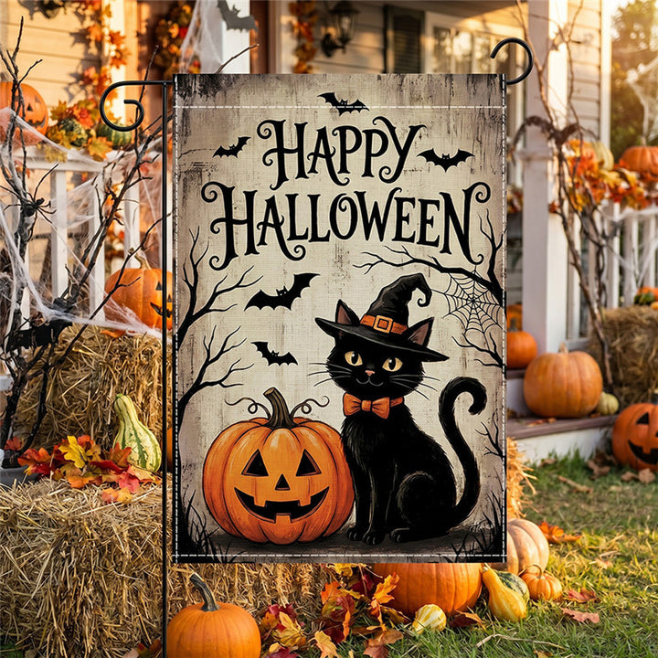 Outdoor Halloween Garden Flag Double-Sided Polyester Yard Banner with Skeleton and Jack-o'-Lantern Illustration