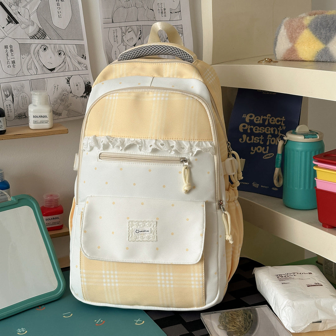 Plaid Patterned School Backpack with Cute Bunny Keychain Stornfield