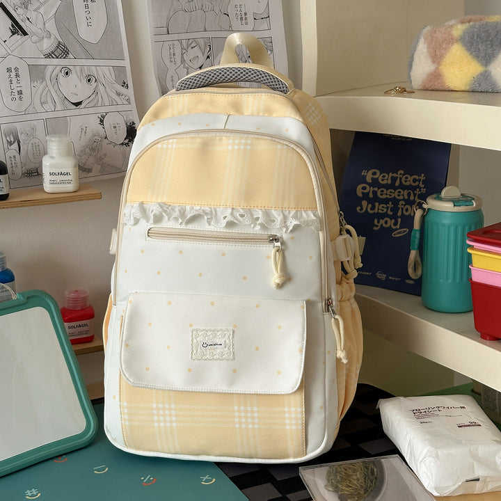 Plaid Patterned School Backpack with Cute Bunny Keychain Stornfield