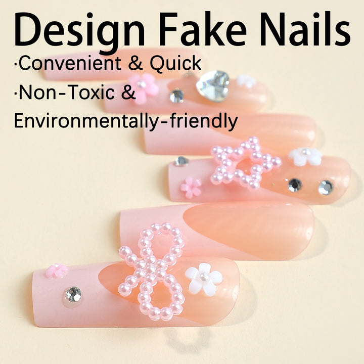 Glamorous artificial nail set with 3D bows and glitter stones Stornfield