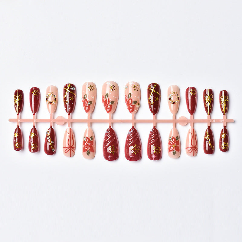 Festive Holiday Press-On Nail Art Set with Poinsettia and Metallic Accents Stornfield