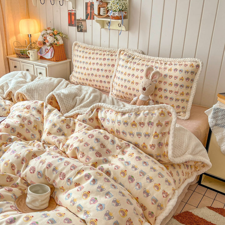 Plush Reversible Sherpa Duvet Cover Set with Quilted Waffle Comforter and Scalloped Pillow Shams