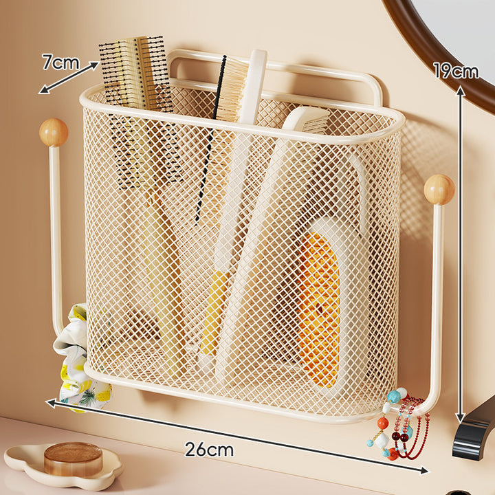 Wall-Mounted Mesh Vanity Organizer Basket with Dual Wooden Knob Hooks