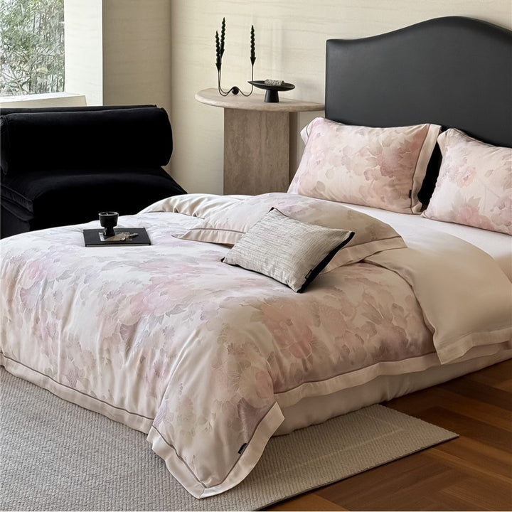 Pastel Watercolor Floral Sateen-Back Duvet Cover Set with Piped Hem