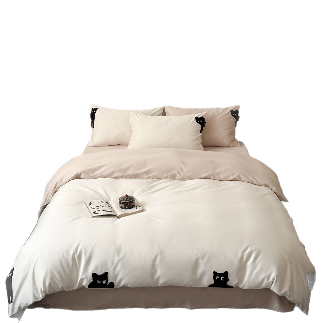 Cotton Sateen Duvet Cover Set with Raised Cat Appliqué & Hidden Closure