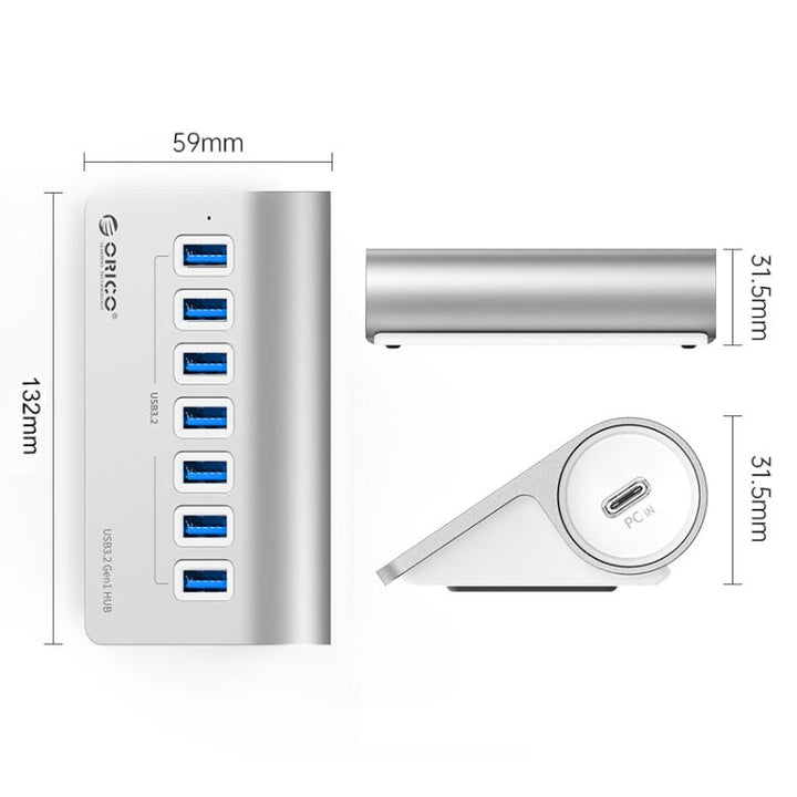 Stornfield | ORICO M3U7-G2 Aluminum Alloy 7-Port USB 3.2 Gen2 10Gbps HUB with 0.5m Cable (Silver)