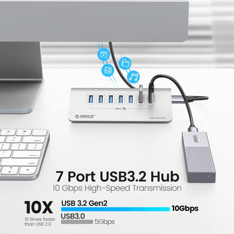 Stornfield | ORICO M3U7-G2 Aluminum Alloy 7-Port USB 3.2 Gen2 10Gbps HUB with 0.5m Cable (Silver)