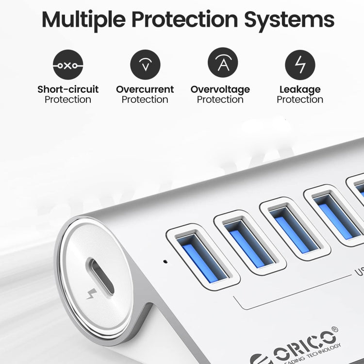 Stornfield | ORICO M3U7-G2 Aluminum Alloy 7-Port USB 3.2 Gen2 10Gbps HUB with 0.5m Cable (Silver)