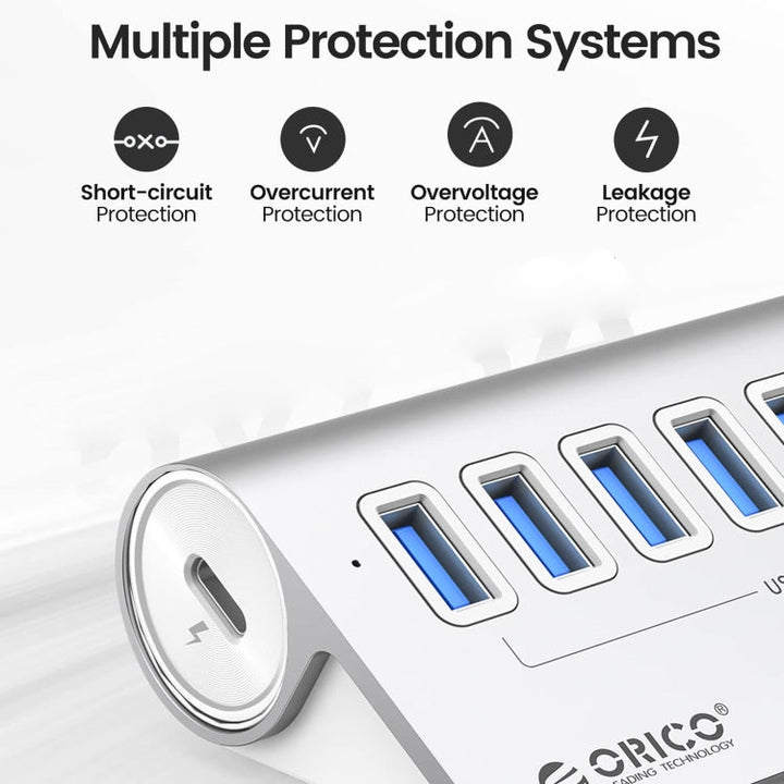 Stornfield | ORICO M3U7-G2 Aluminum Alloy 7-Port USB 3.2 Gen2 10Gbps HUB with 0.5m Cable (Silver)