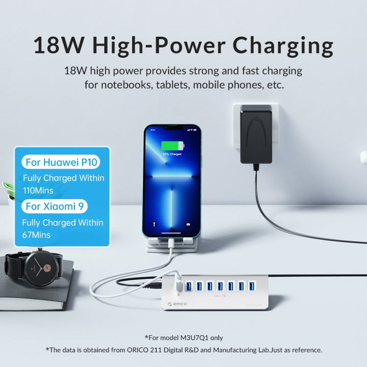 Stornfield | ORICO M3U7-G2 Aluminum Alloy 7-Port USB 3.2 Gen2 10Gbps HUB with 0.5m Cable (Silver)