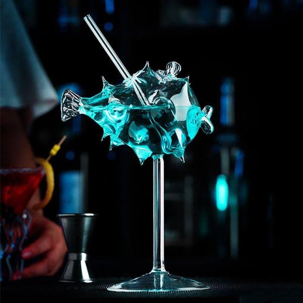 Pufferfish Shaped Cocktail Glass With Glass Straw | Stornfield