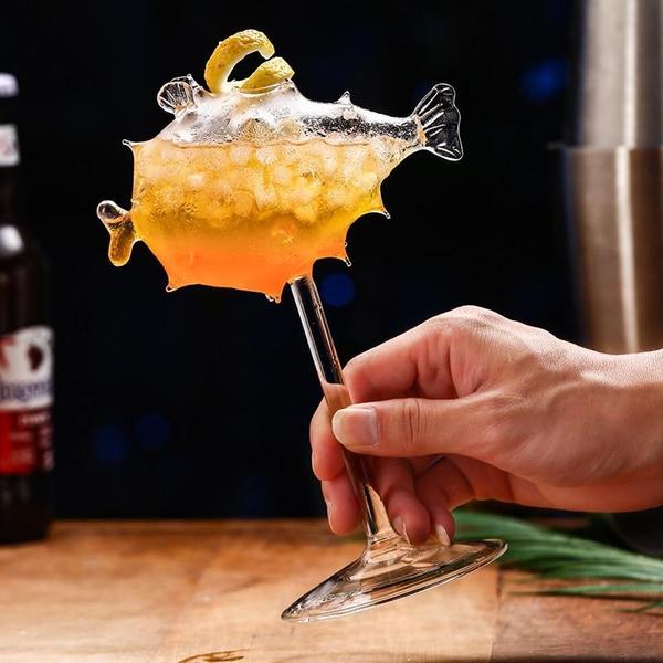 Pufferfish Shaped Cocktail Glass With Glass Straw | Stornfield
