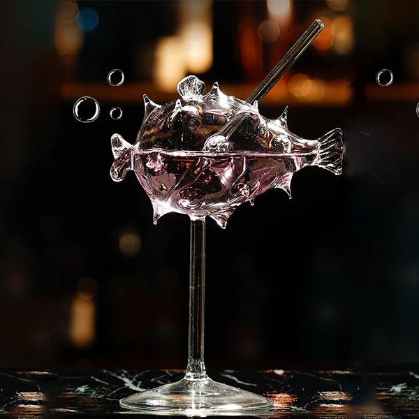 Pufferfish Shaped Cocktail Glass With Glass Straw | Stornfield