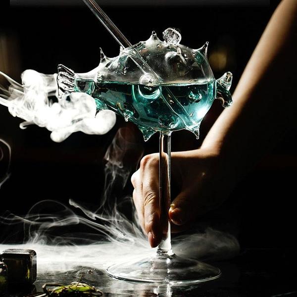 Pufferfish Shaped Cocktail Glass With Glass Straw | Stornfield
