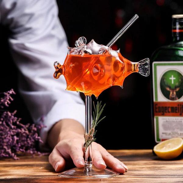 Pufferfish Shaped Cocktail Glass With Glass Straw | Stornfield