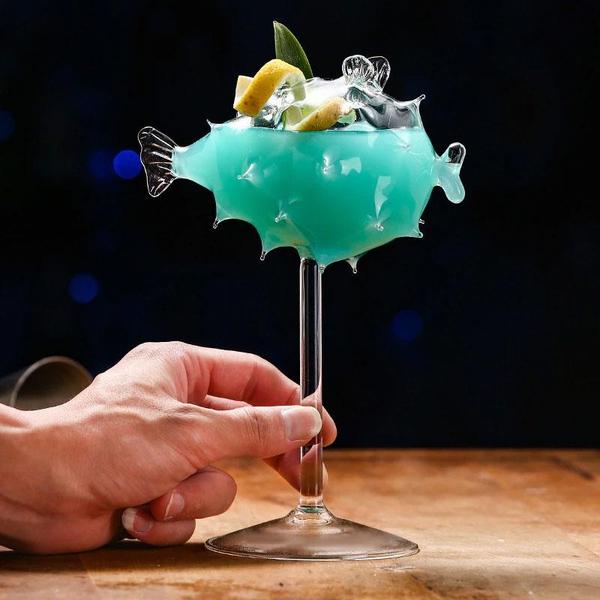 Pufferfish Shaped Cocktail Glass With Glass Straw | Stornfield