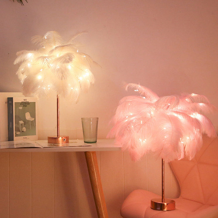 Ostrich Night Light | Eccentric Lamp with Feathers & Rose Gold Base | Stornfield
