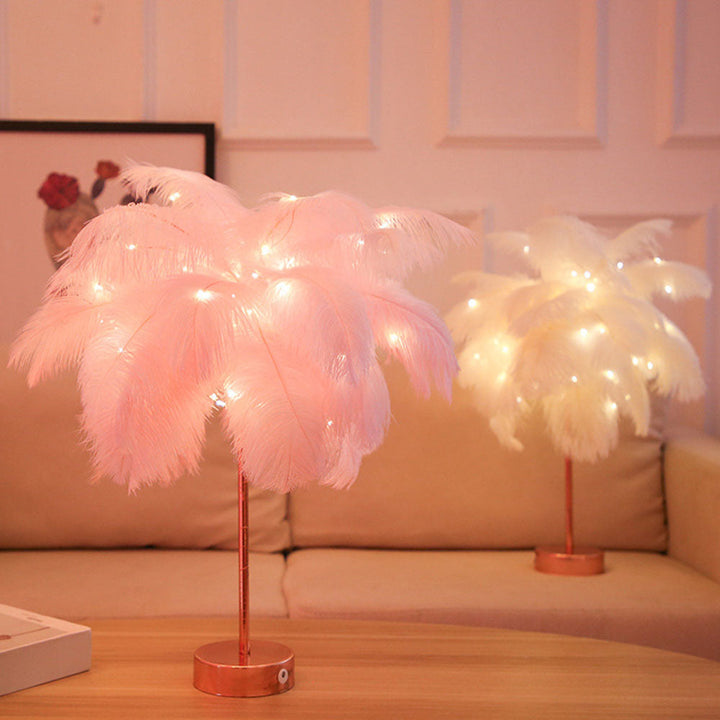 Ostrich Night Light | Eccentric Lamp with Feathers & Rose Gold Base | Stornfield
