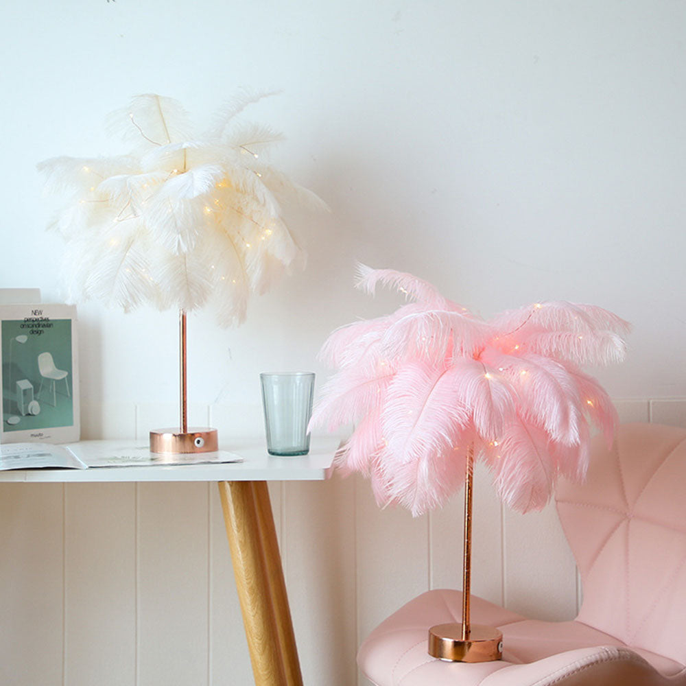 Ostrich Night Light | Eccentric Lamp with Feathers & Rose Gold Base | Stornfield
