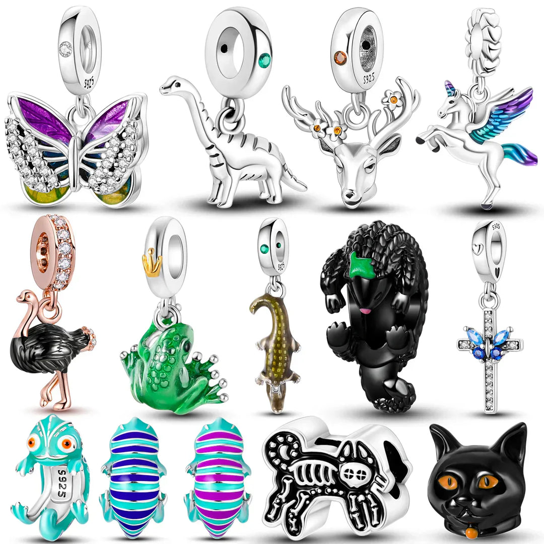 Stornfield | 925 Sterling Silver Charms, Leopard Gold Beads, Colorful Chameleon Rhino Lion Beetle Cat Pendant Compatible with Original Pandora Bracelet Jewelry