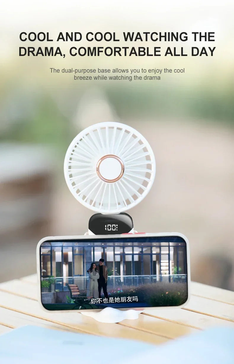 5000mAh Handheld Mini Fan – Wireless USB Rechargeable Portable Fan with Digital Display, Phone Holder, 5-Speed Foldable Neck Hanging Fan | Stornfield